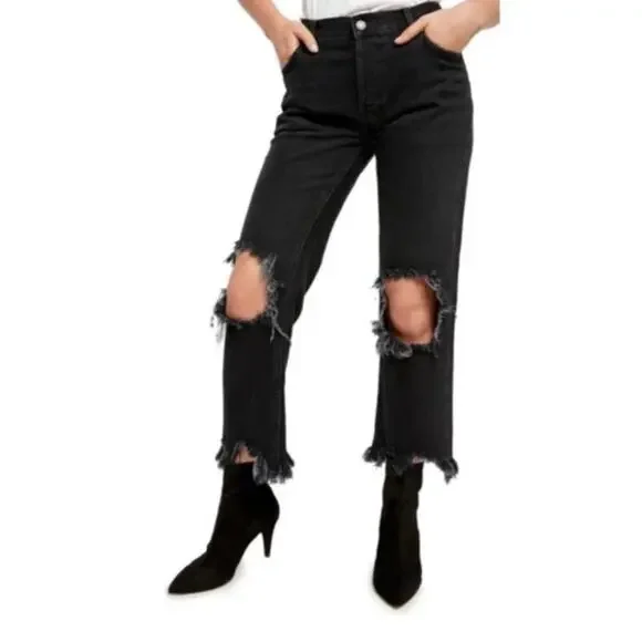 Free People Black Jeans Maggie Cropped Distressed We The Free - Picture 13 of 13